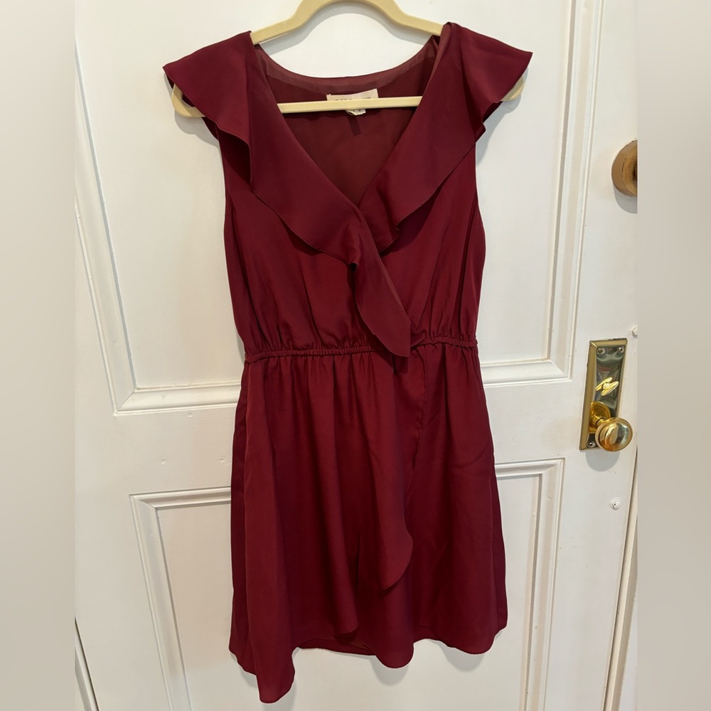 Maroon BCBG cross front ruffle dress